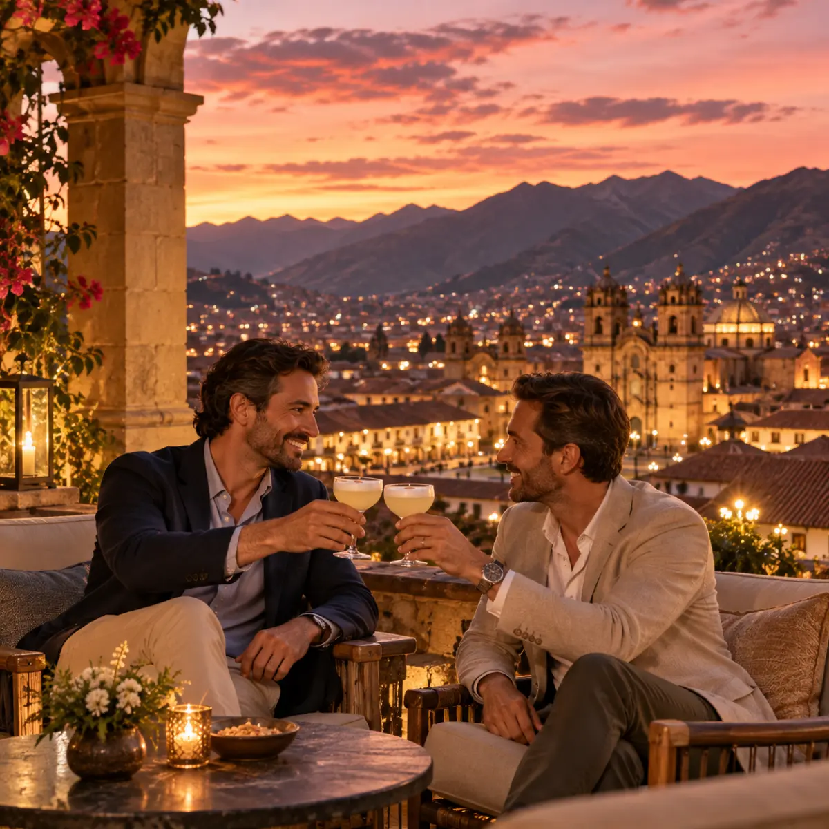 vViajes de lujo LGTB+ en Cusco con SUMAQ Travel Pareja de hombres brindando con pisco sour en la terraza de un hotel de lujo en Cusco