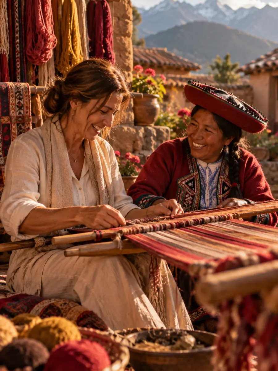 Tejedoras de los Andes: viaje para mujeres a Chinchero y Cusco Viajera aprendiendo a tejer en un telar junto a una tejedora andina en Chinchero, Cusco