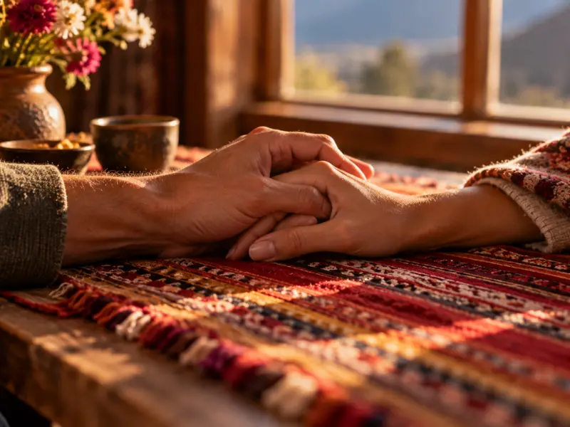Viajes LGTB+ de lujo en Perú Manos entrelazadas de una pareja sobre un textil andino tejido a mano