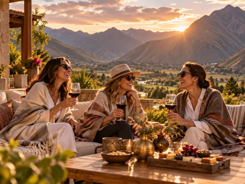 Viajes para mujeres en Perú Tres amigas riendo en la terraza de un hotel boutique con vista al Valle Sagrado